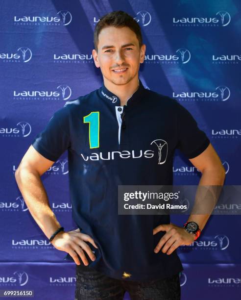 MotoGP rider and new Laureus Ambassador Jorge Lorenzo of Spain poses for the media at the Jeroni de Moragas Foundation on June 21, 2017 in Barcelona,...