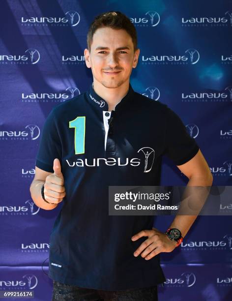 MotoGP rider and new Laureus Ambassador Jorge Lorenzo of Spain poses for the media at the Jeroni de Moragas Foundation on June 21, 2017 in Barcelona,...