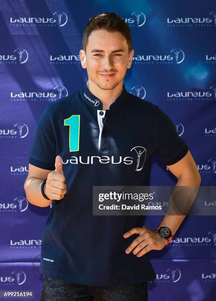 MotoGP rider and new Laureus Ambassador Jorge Lorenzo of Spain poses for the media at the Jeroni de Moragas Foundation on June 21, 2017 in Barcelona,...