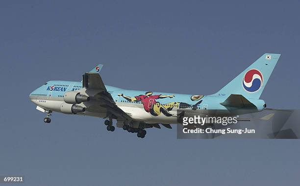 Korean Air aircraft takes off with a new logo design of the 2002 Federation Internationale de Football Association World Cup February 7, 2002 in...