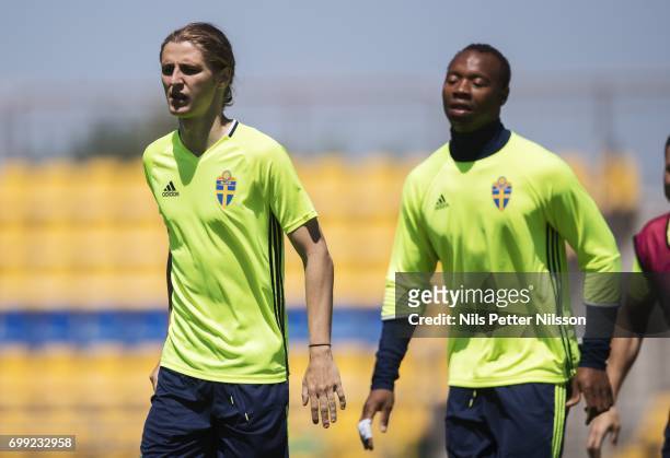 Pavel Cibicki and Carlos Strandberg of Sweden during the Swedish U21 national team MD-1 training at Stadion Miejski on June 21, 2017 in Swidnik,...