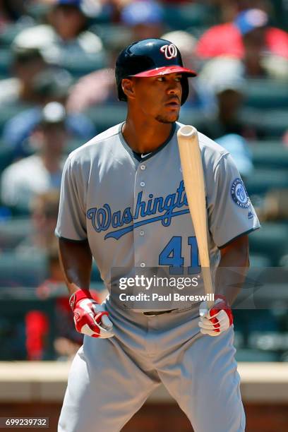 Joe Ross of the Washington Nationals bats in an MLB baseball game against the New York Mets on June 18, 2017 at CitiField in the Queens borough of...
