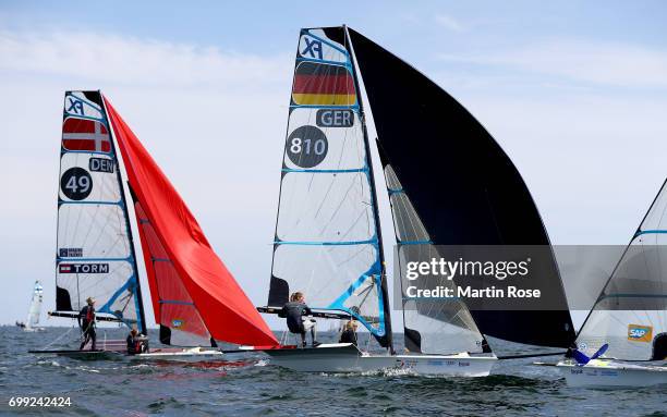 Jule Goerge of Germany in action during the 49er FX class regatta race at Kieler Wocheon June 21, 2017 in Kiel, Germany.