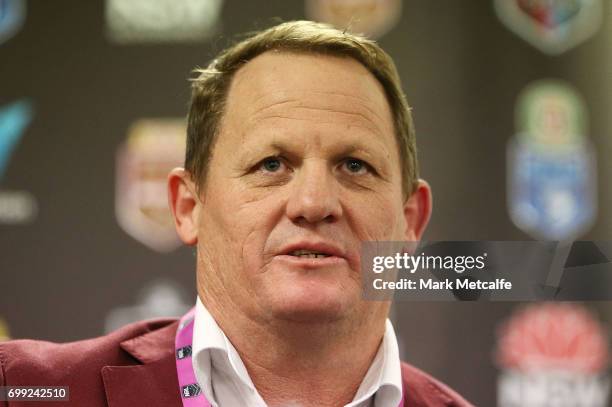 Maroons coach Kevin Walters speaks at a press conference after game two of the State Of Origin series between the New South Wales Blues and the...