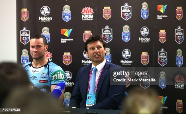 Boyd Cordner of the Blues and Blues coach Laurie Daley speak at a press conference after game two of the State Of Origin series between the New South...