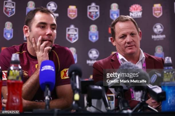 Cameron Smith of the Maroons and Maroons coach Kevin Walters speak at a press conference after game two of the State Of Origin series between the New...
