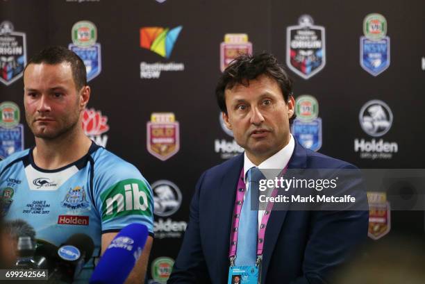 Boyd Cordner of the Blues and Blues coach Laurie Daley speak at a press conference after game two of the State Of Origin series between the New South...