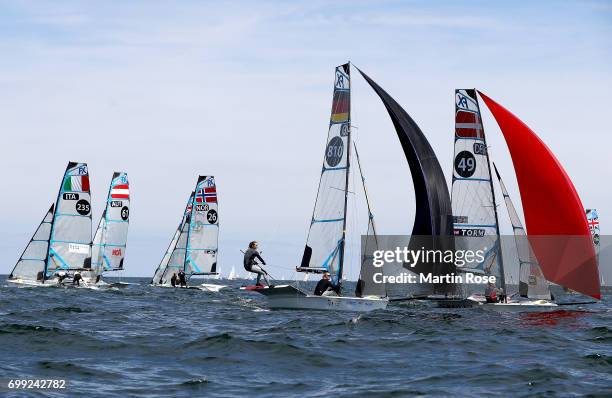 Jule Goerge of Germany in action during the 49er FX class regatta race at Kieler Wocheon June 21, 2017 in Kiel, Germany.