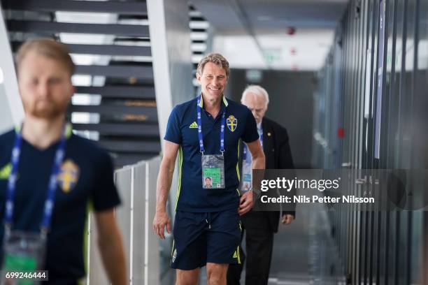 Hakan Ericson, head coach of Sweden arrives at the Swedish U21 national team MD-1 press conference at Arena Lublin on June 21, 2017 in Swidnik,...