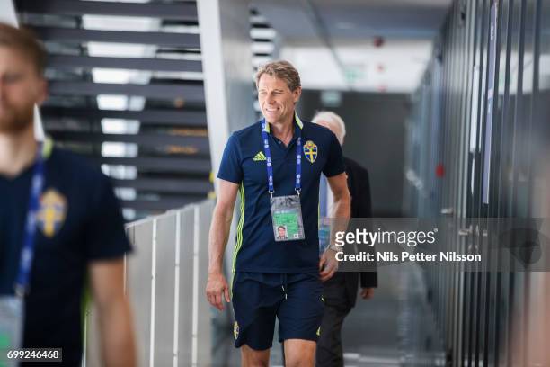 Hakan Ericson, head coach of Sweden arrives at the Swedish U21 national team MD-1 press conference at Arena Lublin on June 21, 2017 in Swidnik,...