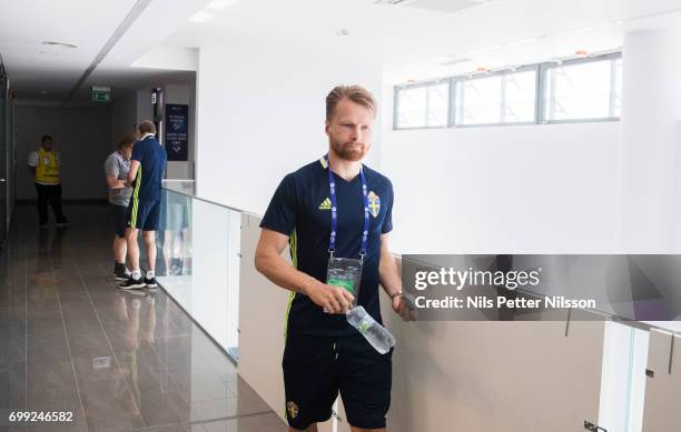 Jacob Une-Larsson of Sweden leaves the Swedish U21 national team MD-1 press conference at Arena Lublin on June 21, 2017 in Swidnik, Poland.