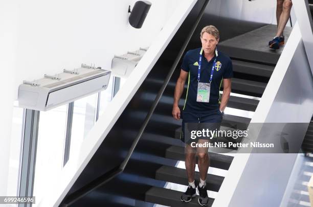 Hakan Ericson, head coach of Sweden leaves the Swedish U21 national team MD-1 press conference at Arena Lublin on June 21, 2017 in Swidnik, Poland.