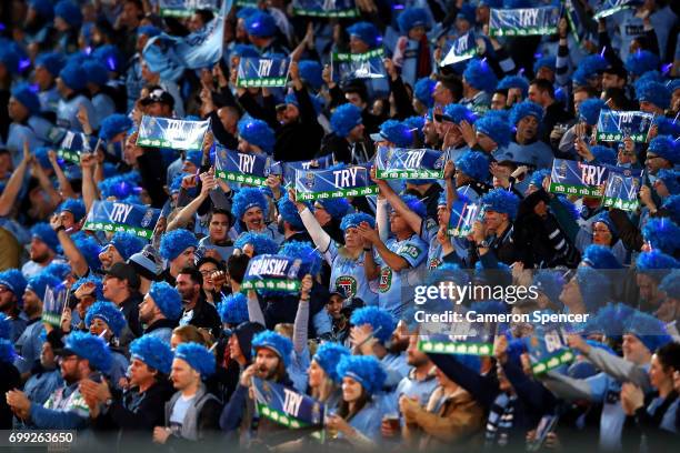 Blues fans during game two of the State Of Origin series between the New South Wales Blues and the Queensland Maroons at ANZ Stadium on June 21, 2017...