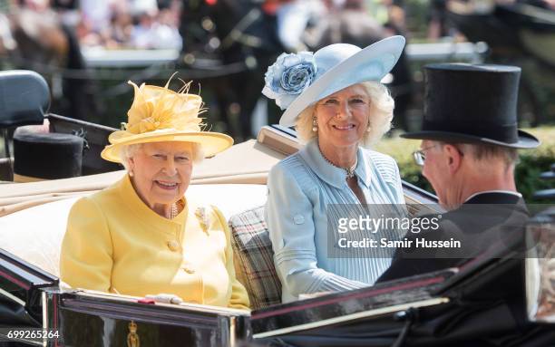 Queen Elizabeth II and Camilla, Ducehss of Cornwall arrive by carriage at Royal Ascot 2017 at Ascot Racecourse on June 21, 2017 in Ascot, England.