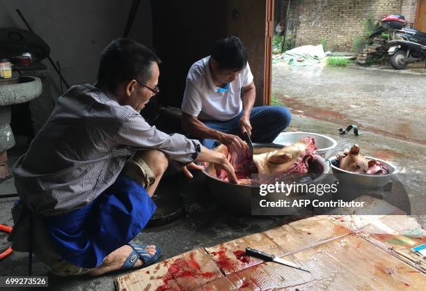 Chinese residents butcher a dog during a dog meat festival in Yulin in the southern Guangxi region on June 21, 2017. China's most notorious dog meat...