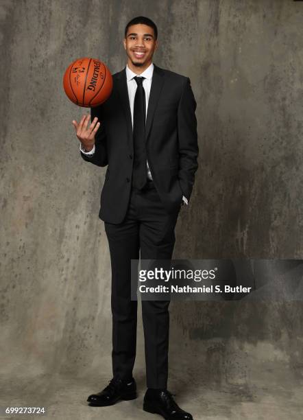 Draft Prospect, Jayson Tatum poses for portraits during media availability and circuit as part of the 2017 NBA Draft on June 21, 2017 at the Grand...