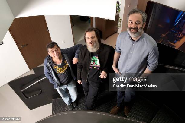 Executive producers of 'I'm Dying Up Here,' Dave Flebotte, Jim Carrey and Michael Aguilar are photographed for USA Today on May 30, 2017 in Los...