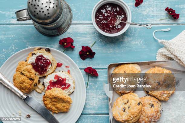 scones and jam - teatime stock pictures, royalty-free photos & images
