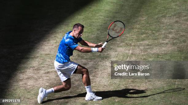 Philipp Kohlschreiber of Germany plays a backhand during his match against Alexander Zverev of Germany during Day 5 of the Gerry Weber Open 2017 at...