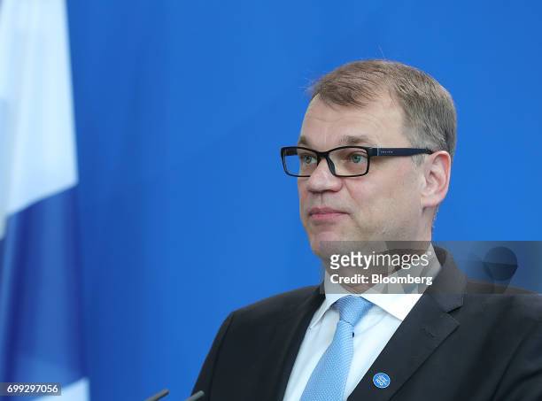 Juha Sipila, Finland's prime minister, pauses during a news conference at the Chancellery in Berlin, Germany, on Wednesday, June 21, 2017. Finlands...