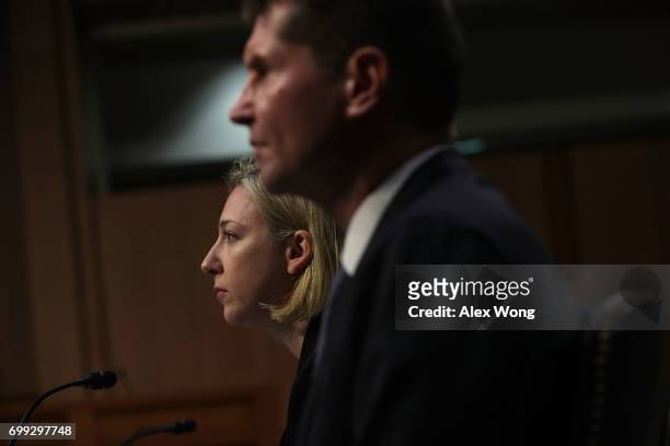 Homeland Security Undersecretary Jeanette Manfra and Assistant Director of the FBI Counterintelligence Division Bill Priestap testify during a...