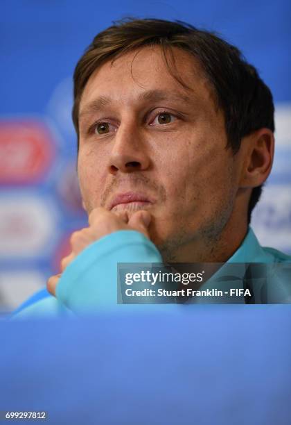 Mark Milligan, captain of Australia talks with the media during a press conference on June 21, 2017 in Saint Petersburg, Russia.