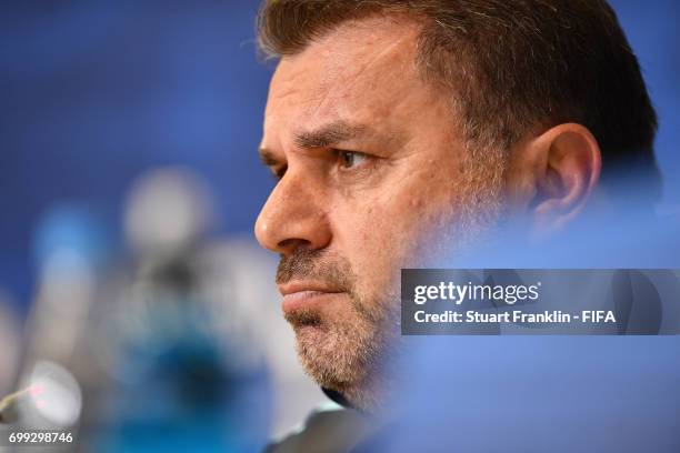 Ange Postecoglou, head coach of Australia talks with the media during a press conference on June 21, 2017 in Saint Petersburg, Russia.