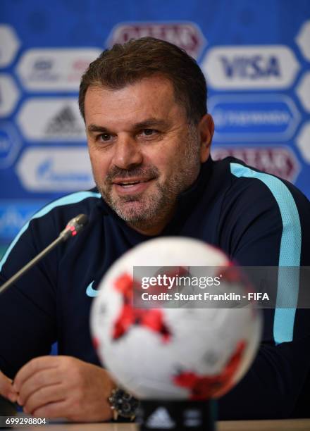 Ange Postecoglou, head coach of Australia talks with the media during a press conference on June 21, 2017 in Saint Petersburg, Russia.