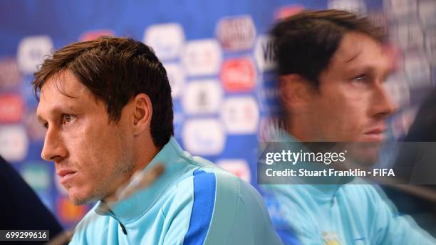 Mark Milligan, captain of Australia talks with the media during a press conference on June 21, 2017 in Saint Petersburg, Russia.