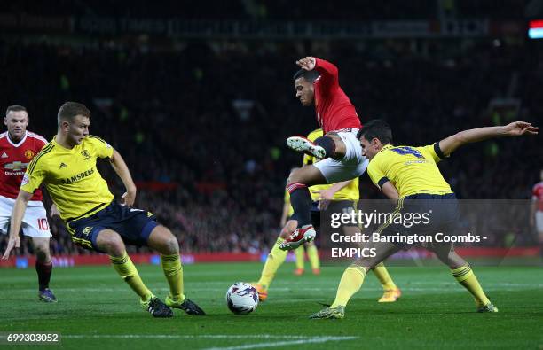 Manchester United's Memphis Depay and Middlesbrough's Daniel Ayala in action