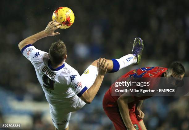 Leeds United's Chris Wood and Blackburn Rovers' Shane Duffy in action