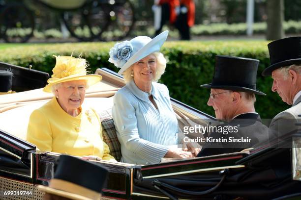 Queen Elizabeth II, Camilla, Duchess of Cornwall, Lord Fellowes and Prince Charles, Prince of Wales arrive with the Royal Procession on day 2 of...