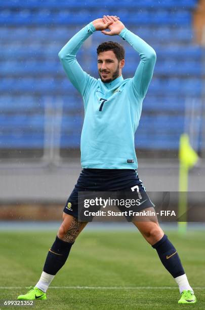 Mathew Leckie stretches during a training session on June 21, 2017 in Saint Petersburg, Russia.