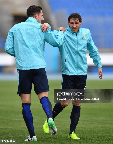 Mark Milligan stretches during a training session on June 21, 2017 in Saint Petersburg, Russia.