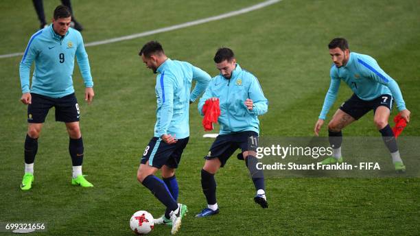 Bailey Wright and Jamie MacLaren in action during a training session on June 21, 2017 in Saint Petersburg, Russia.