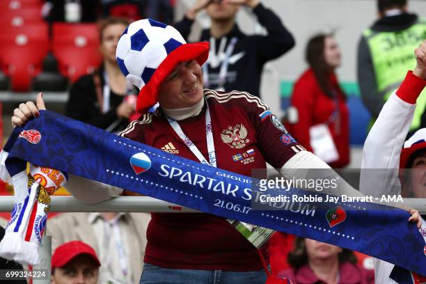 Female Russia fan looks on prior to the FIFA Confederations Cup Russia 2017 Group A match between Russia and Portugal at Spartak Stadium on June 21,...