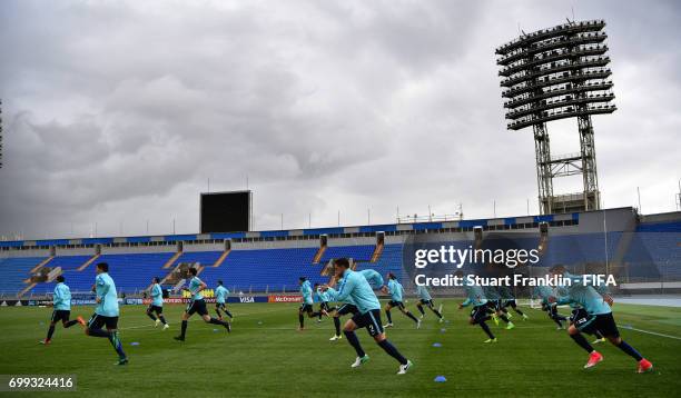 The players warm up during a training session on June 21, 2017 in Saint Petersburg, Russia.