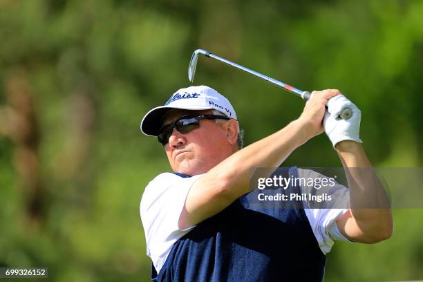 Peter O'Malley of Australia in action during the first round of the European Tour Properties Senior Classic played at Linna Golf on June 21, 2017 in...