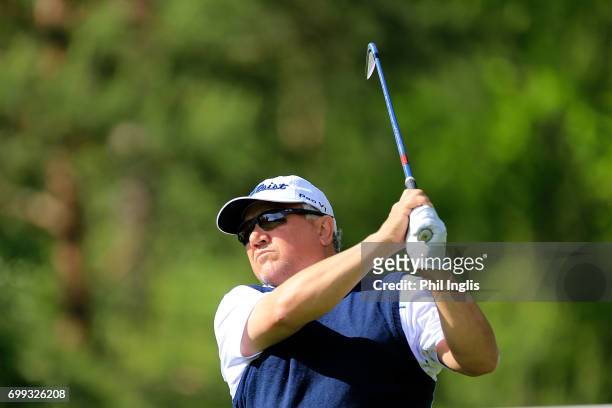 Peter O'Malley of Australia in action during the first round of the European Tour Properties Senior Classic played at Linna Golf on June 21, 2017 in...