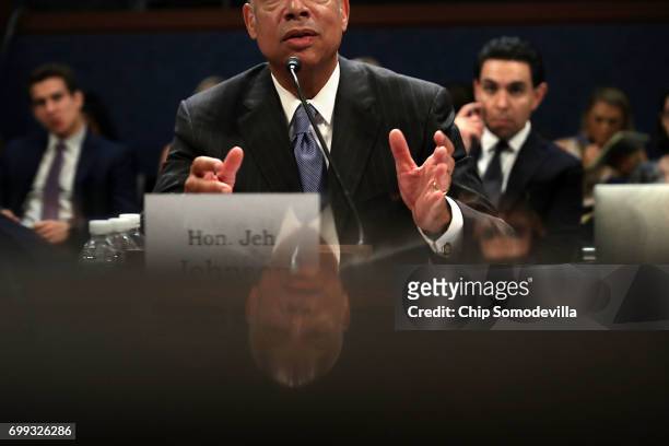 Former Homeland Security Secretary Jeh Johnson testifies before the House Intelligence Committee in an open hearing in the U.S. Capitol Visitors...