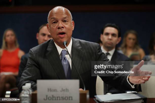 Former Homeland Security Secretary Jeh Johnson testifies before the House Intelligence Committee in an open hearing in the U.S. Capitol Visitors...