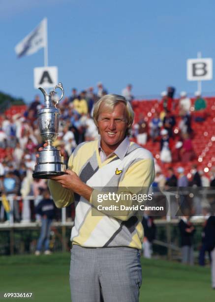 Greg Norman of Australia holds the Claret Jug after winning his first major title during the final round of the 115th Open Championship held on 20th...