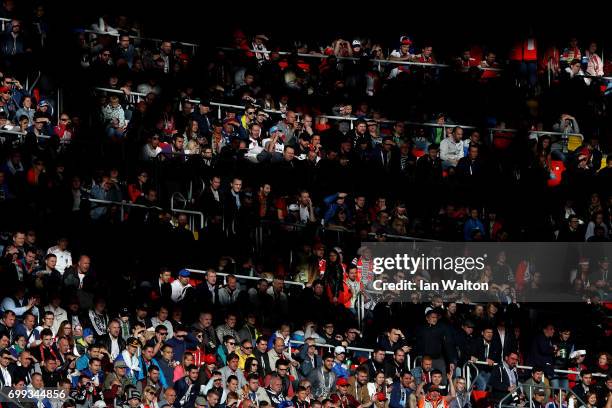 Fans looks on during the FIFA Confederations Cup Russia 2017 Group A match between Russia and Portugal at Spartak Stadium on June 21, 2017 in Moscow,...