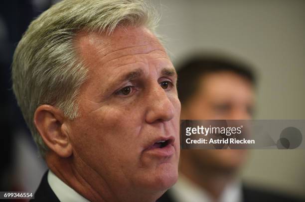 House Majority Leader Kevin McCarthy speaks to the media on Capitol Hill after their weekly party conference meeting on June 21, 2017 in Washington,...
