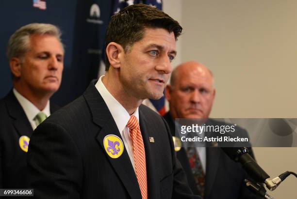 Speaker of the House Rep. Paul Ryan , flanked by House Majority Leader Kevin McCarthy and U.S. Rep. Glenn Thompson , speaks to the media on Capitol...