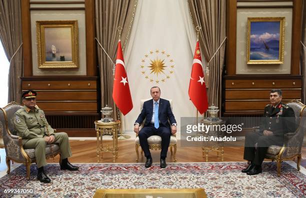 Turkish President Recep Tayyip Erdogan and Turkish Land Forces Commander, Salih Zeki Colak meet with Pakistan Chief of Army Staff Gen. Qamar Javed...