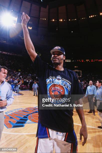 Latrell Sprewell of the New York Knicks waves to the crowd after winning the 1999 NBA Eastern Conference Finals against the Indiana Pacers at Madison...