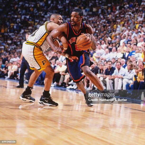Latrell Sprewell of the New York Knicks drives to the basket in the 1999 NBA Eastern Conference Finals against the Indiana Pacers at Madison Square...