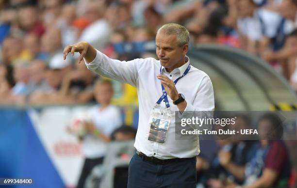 Vitezslav Lavicka, coach of Czech Republic gives his team instructions during the UEFA European Under-21 Championship Group C match between Czech...