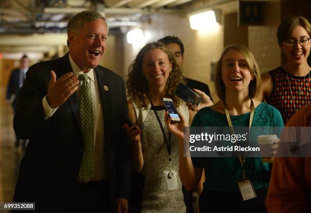 Rep. Mark Meadows followed by reporters, smiles while on his way to join U.S. Speaker of the House Rep. Paul Ryan And GOP House Leadership on Capitol...